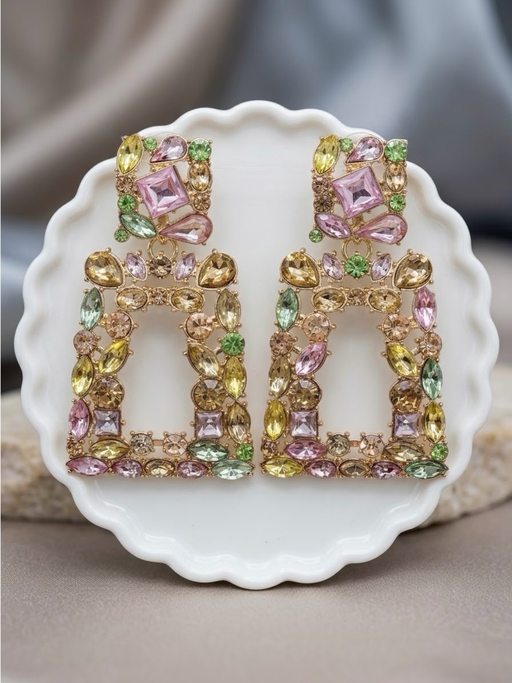 Geometric Rhinestone Door Knocker Earrings | Gold Tone Pastel Statement Earrings
